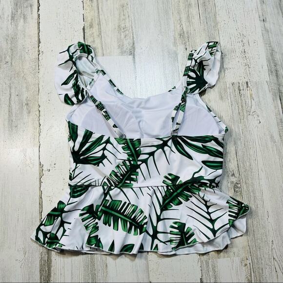Palm Leaf Ruffled Peplum Tankini Swimsuit with High Waisted Striped Bottoms - Picture 6 of 9